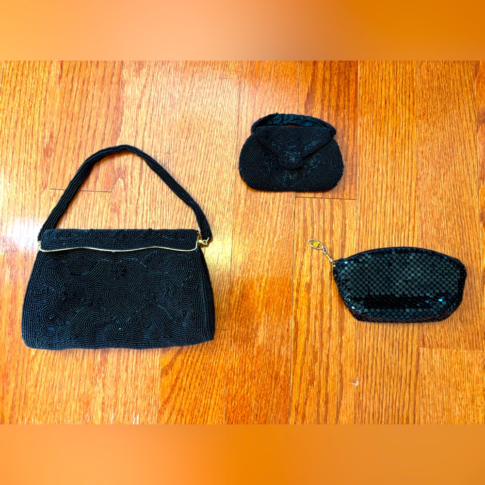 Vintage black beaded or sequined purse lot- small handbags. (3)